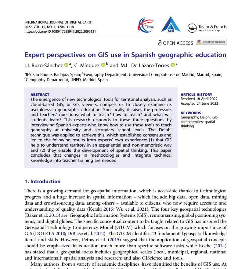 Premio a las mejores publicaciones científicas 2022 para el artículo "Expert perspectives on GIS use in Spanish geographic education"